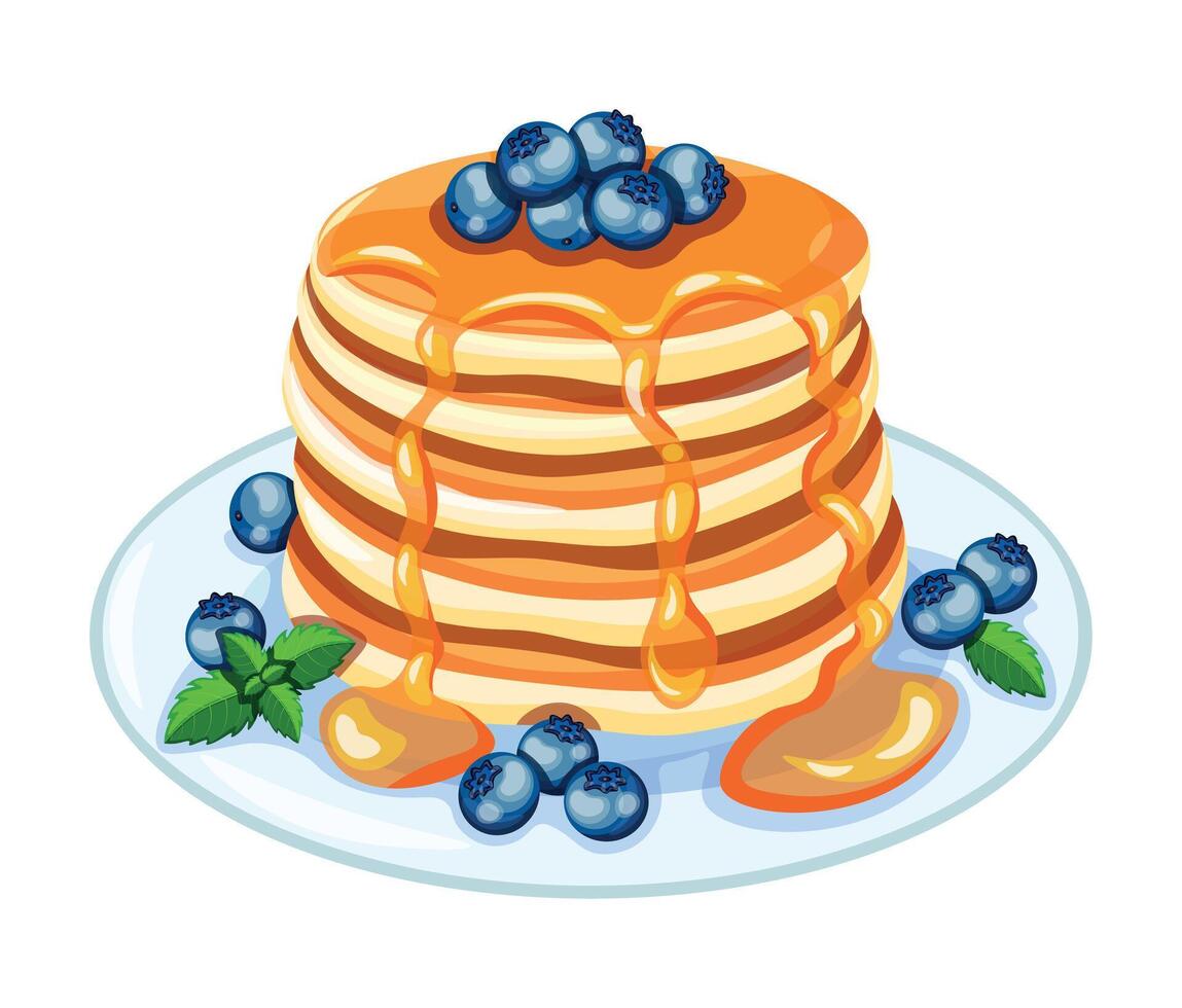 Plate with delicious pancakes drizzled with honey and berries in a cartoon style.Pancakes with healthy blueberries and sweet honey, mint leaves isolated on a white background. vector