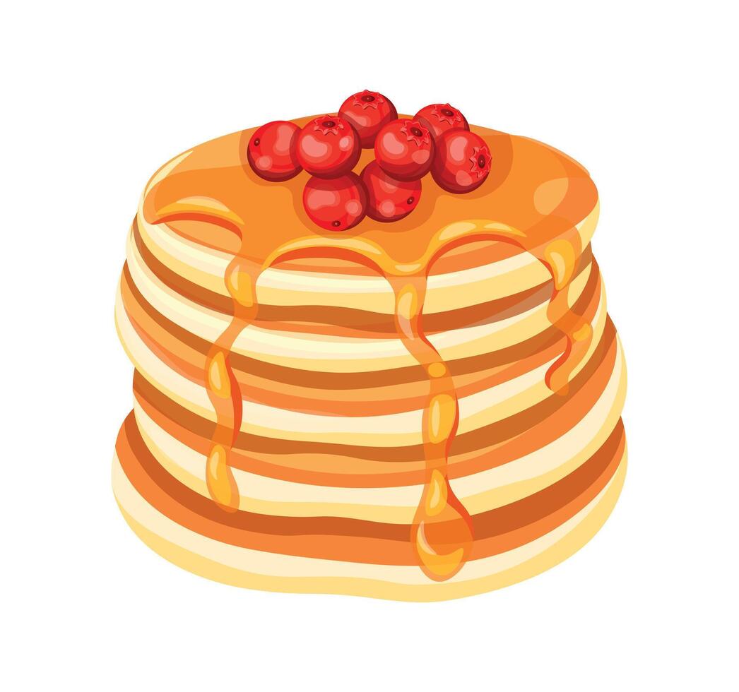 Delicious pancakes with fresh cranberries in a cartoon style. Illustration of fresh and fluffy pancakes drizzled with syrup or honey and cranberries isolated on a white background. Breakfast. vector