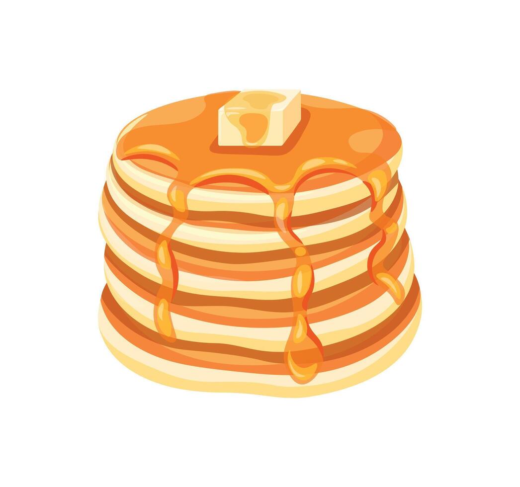 Delicious pancakes with butter in a cartoon style. Illustration of fresh and fluffy pancakes drizzled with honey and a piece of butter isolated on a white background. American breakfast. vector