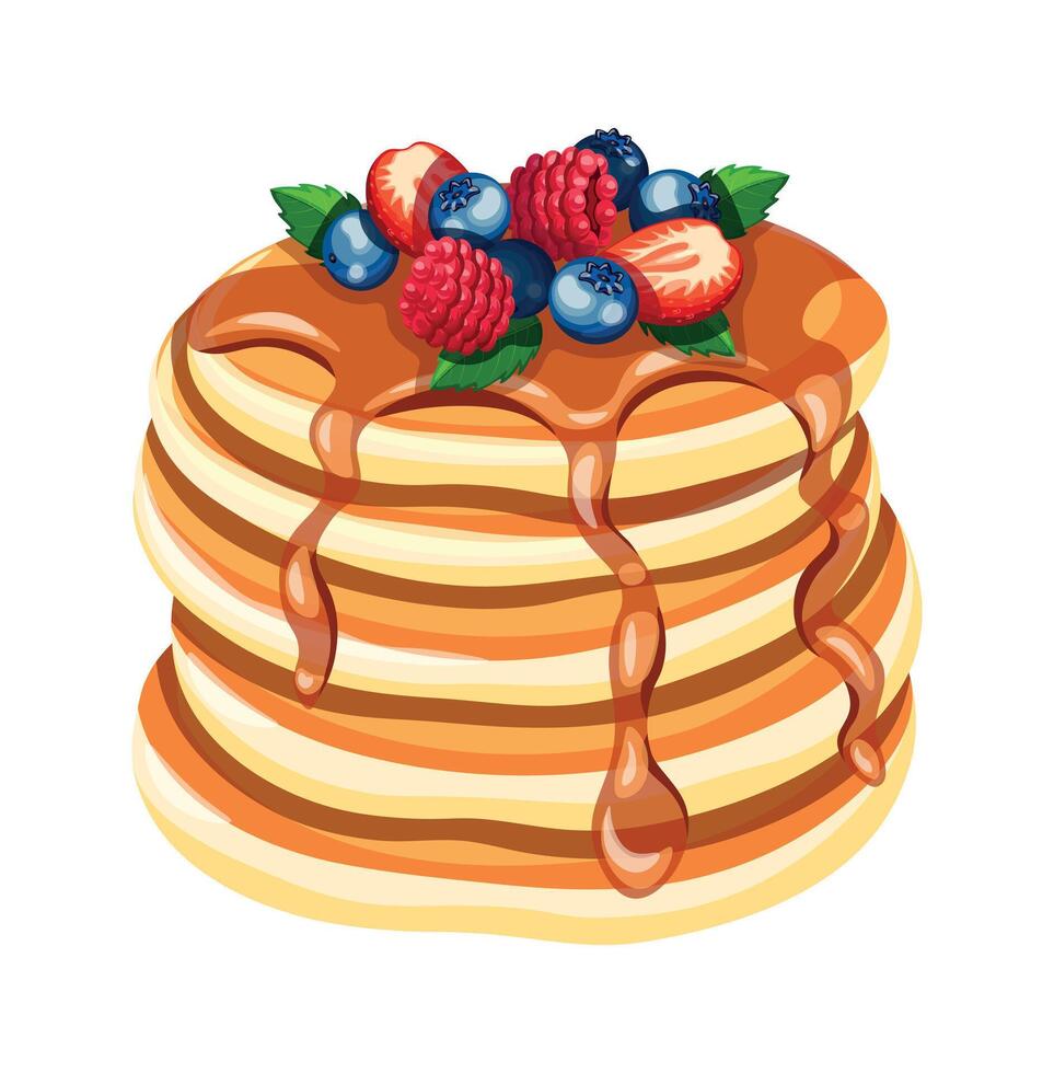Pancakes covered with chocolate, berries, mint leaves isolated on a white background. Flat illustration of delicious pancakes with raspberries, blueberries, strawberries in cartoon style. vector