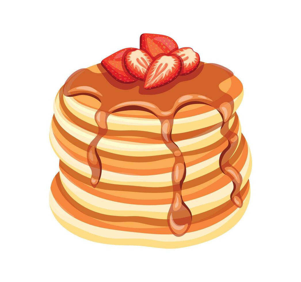 Delicious pancakes with sweet strawberries in a cartoon style. Illustration of fresh and fluffy pancakes drizzled with honey and whole, halves, strawberries isolated on a white background. vector