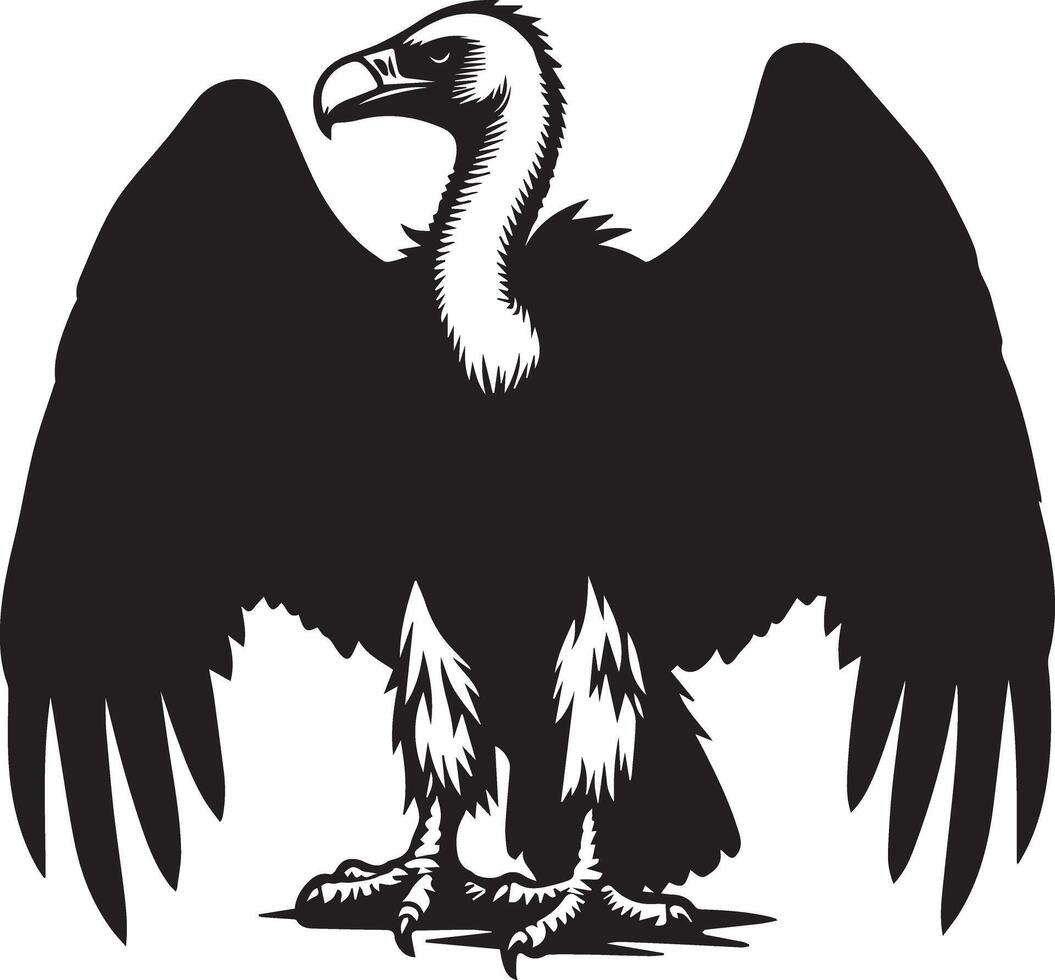 A bold silhouette image of a vulture, showcasing its distinct posture and powerful presence. Ideal for wildlife-themed designs, creative art projects, and nature-inspired graphics. vector