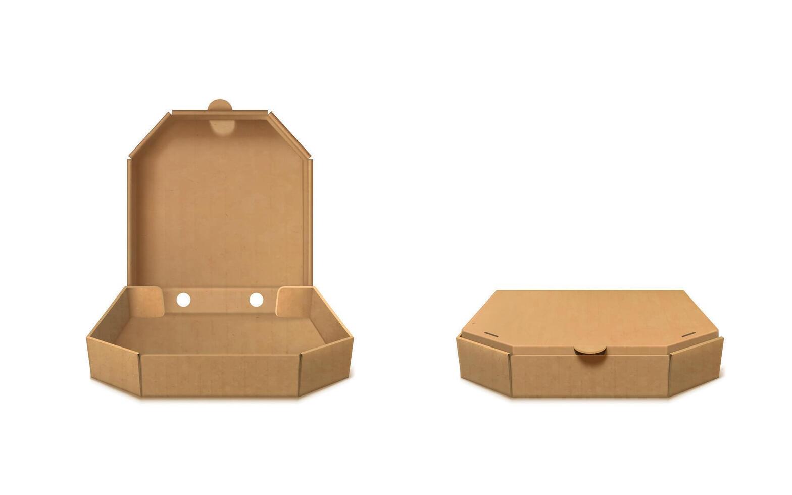 Open and closed cardboard pizza boxes. Realistic takeaway packaging for hot meals vector
