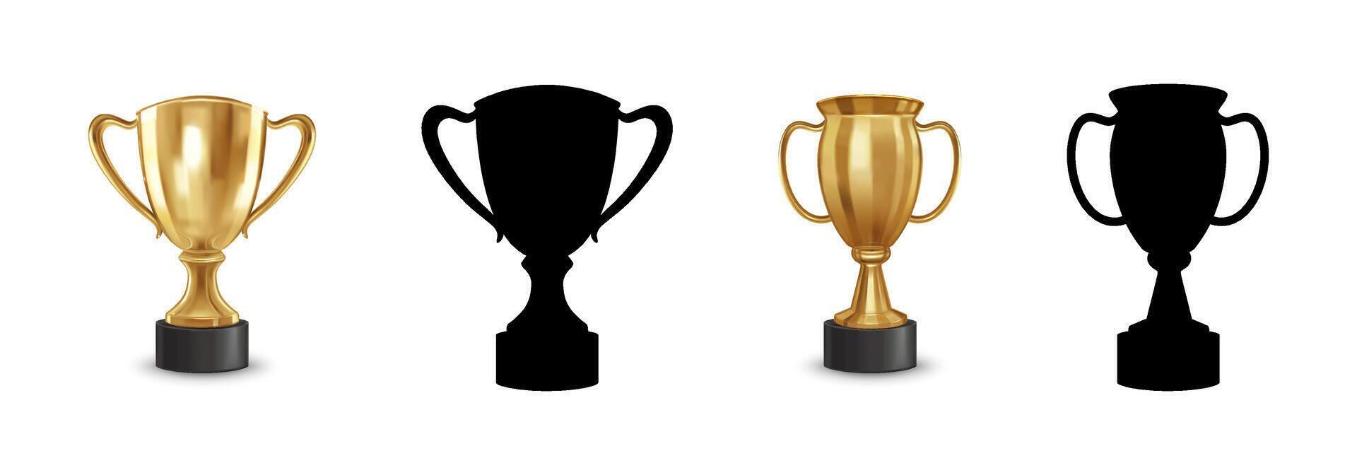 Golden Realistic and Flat Black Silhouette Trophy Icon Set vector