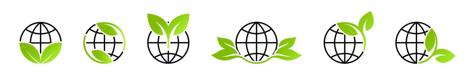 Eco-Friendly Globe Icons with Leaf Elements Set vector