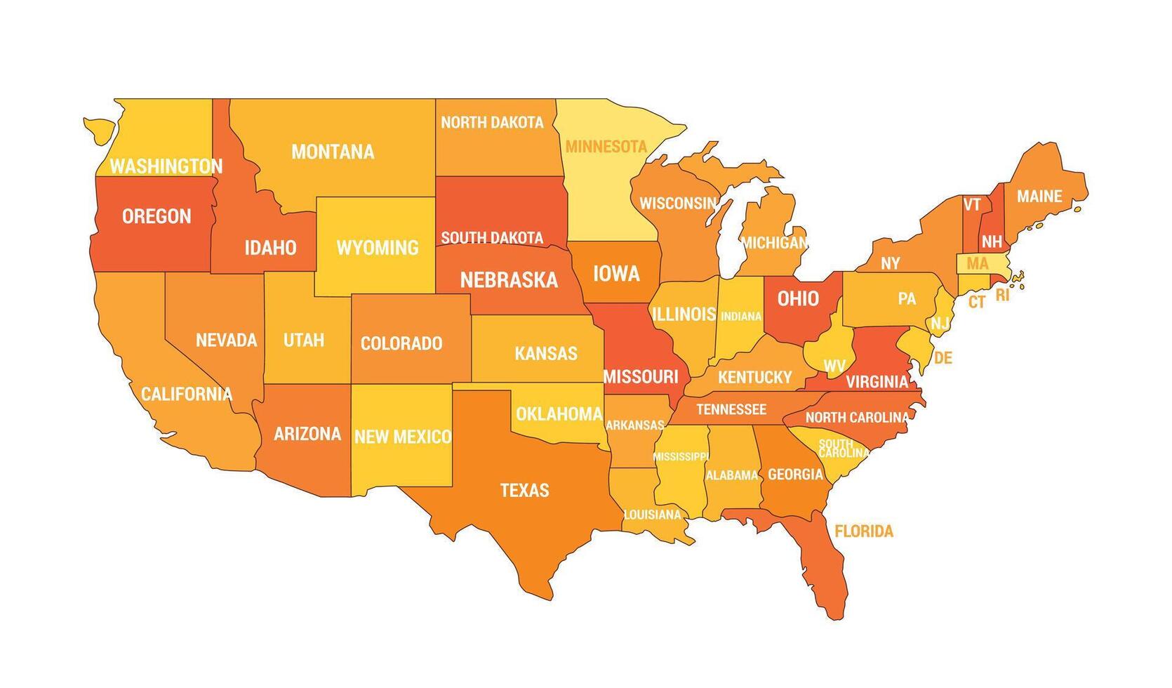 Color-Coded Map of the United States with State Names Illustration vector