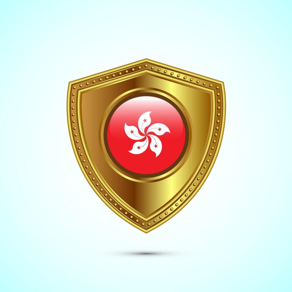 Rounded flag of Hong Kong with glossy gold shield vector