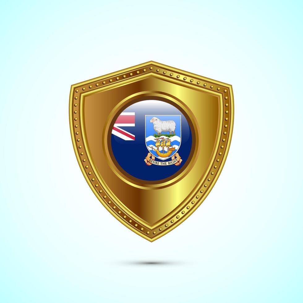 Rounded flag of Falkland Islands with glossy gold shield vector