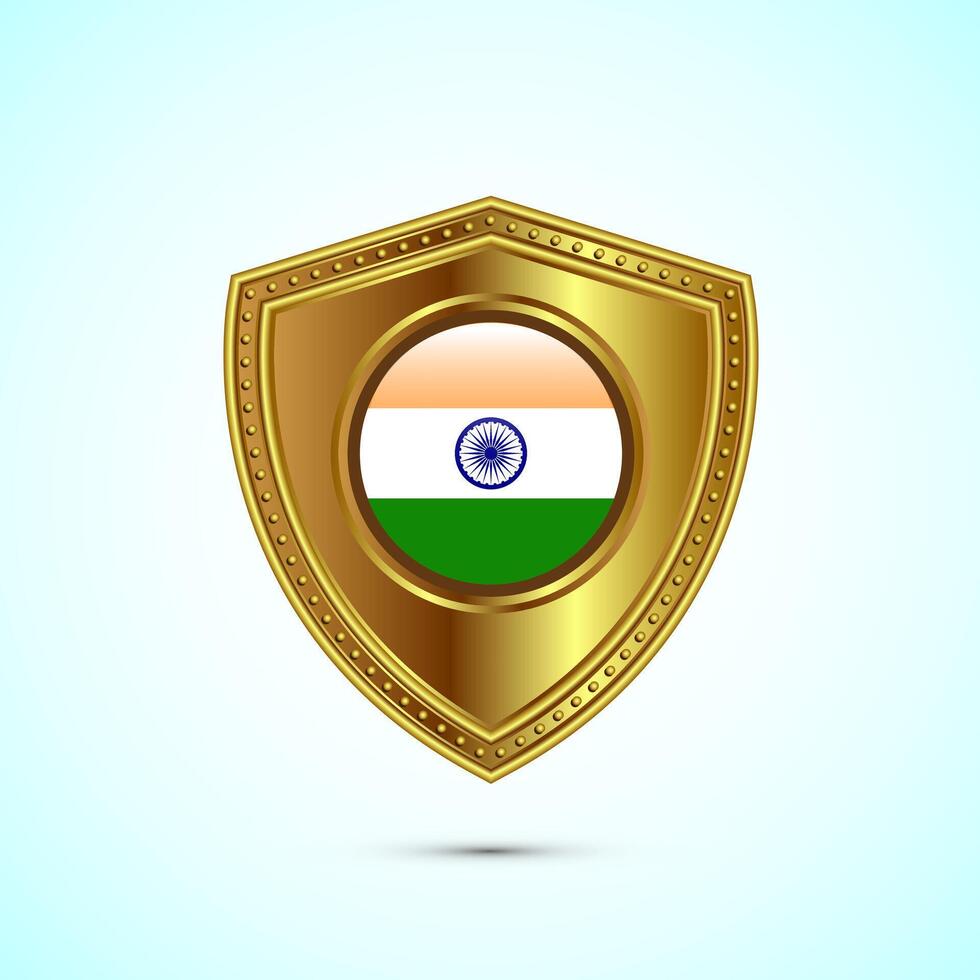 Rounded flag of India with glossy gold shield vector