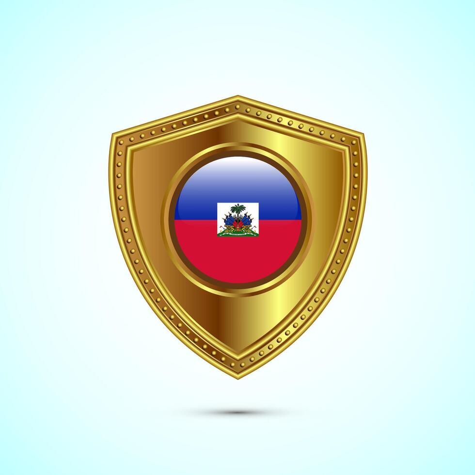 Rounded flag of Haiti with glossy gold shield vector