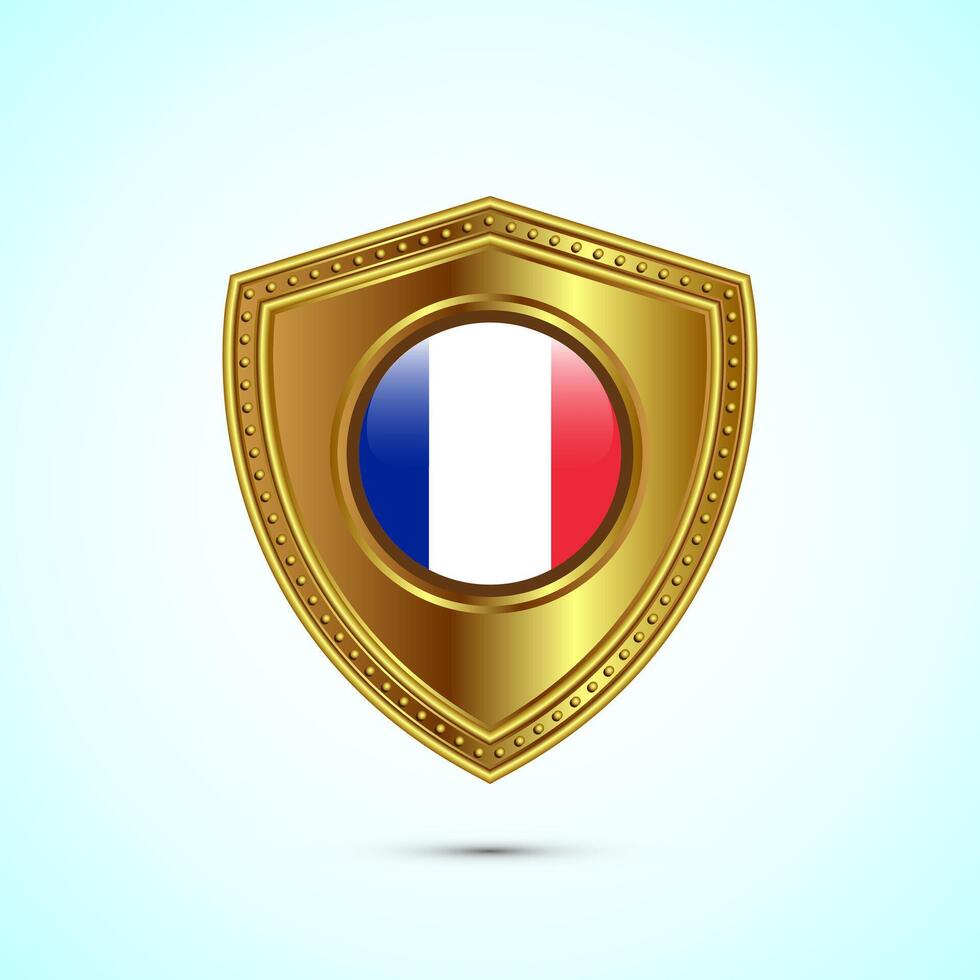 Rounded flag of France with glossy gold shield vector