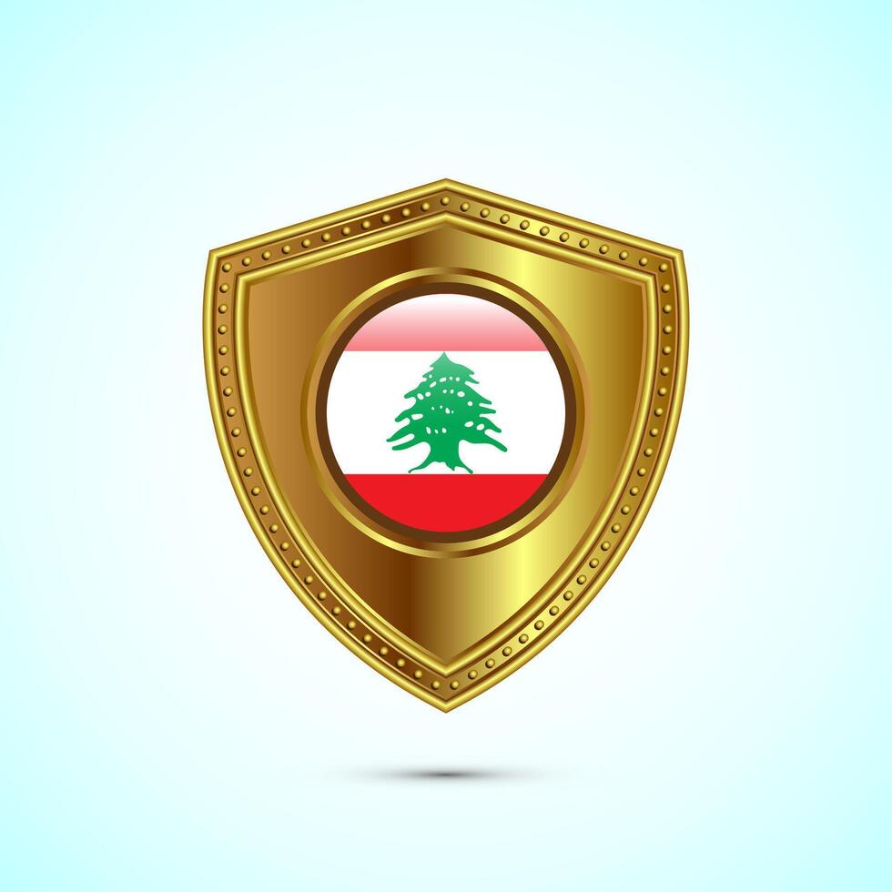 Rounded flag of Lebanon with glossy gold shield vector
