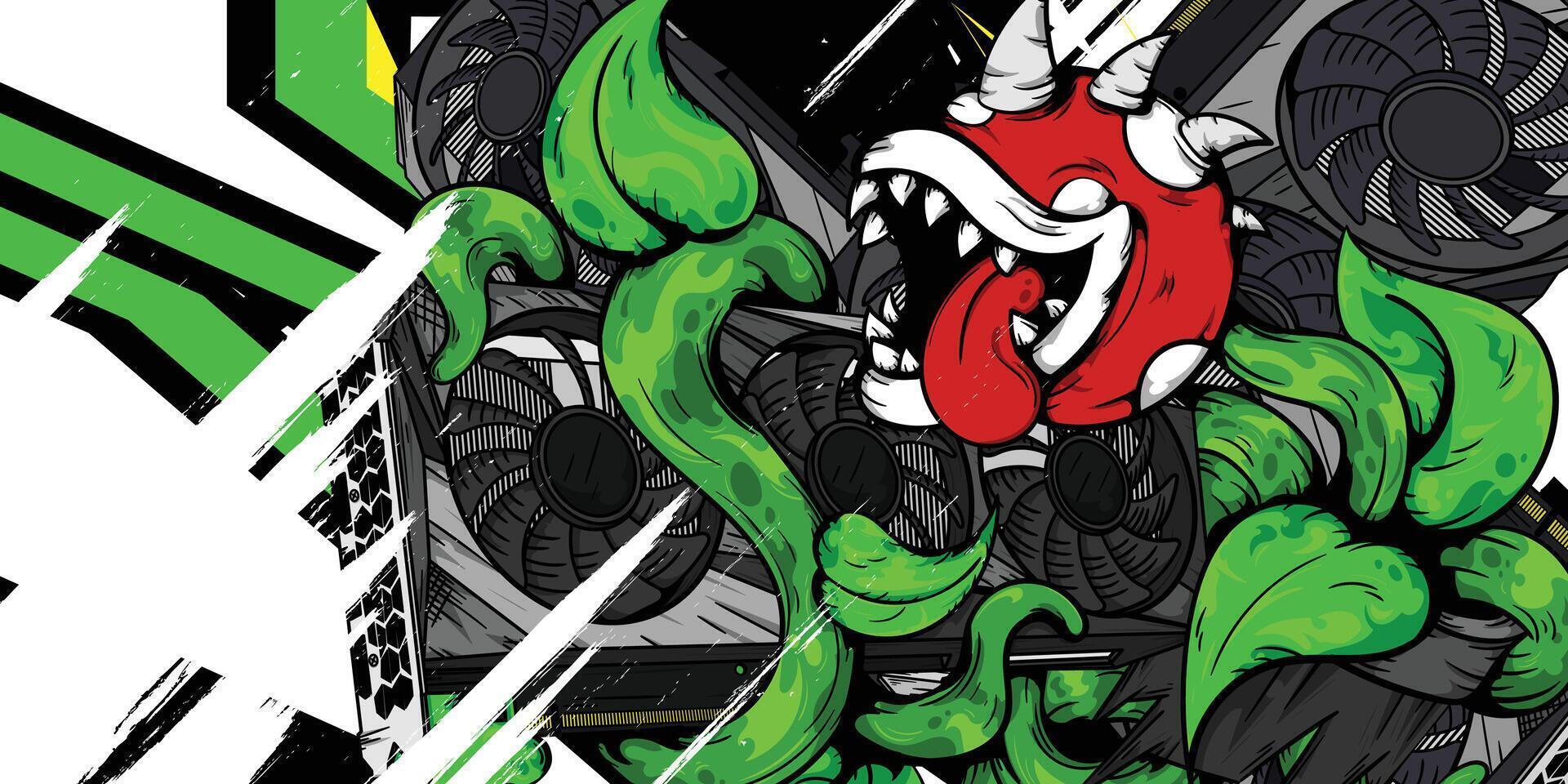 a green and red monster with a green leaf on it vector