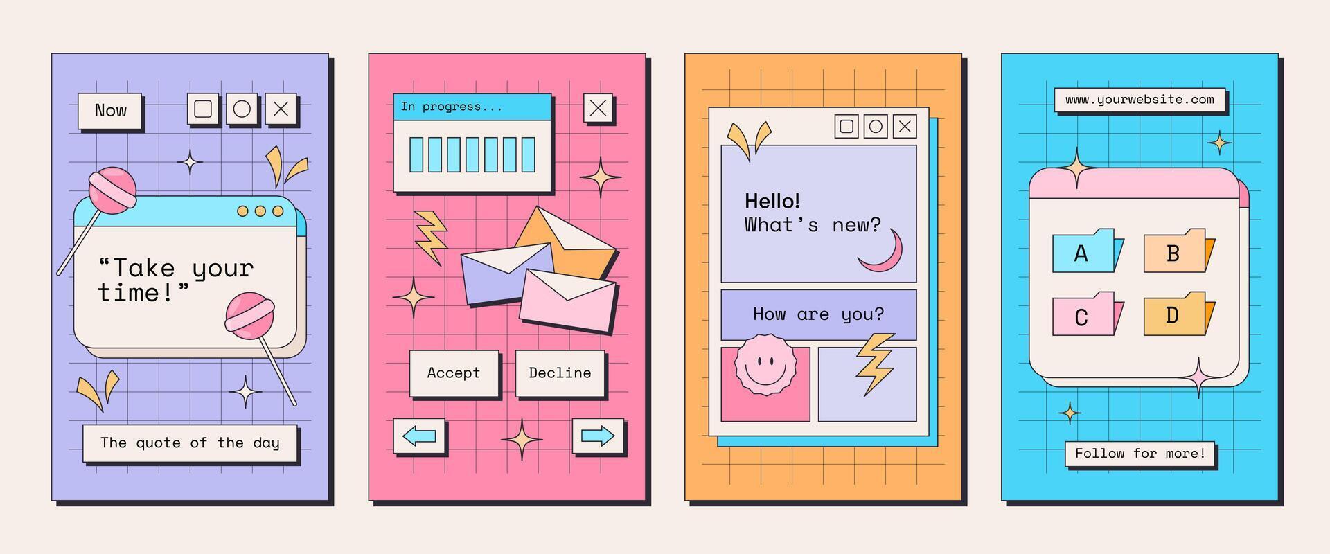 4 trendy colorful posters in retro old UI computer style. 80s and 90s esthetics. Purple, pink, yellow, blue colors. Funny y2k stickers. vector