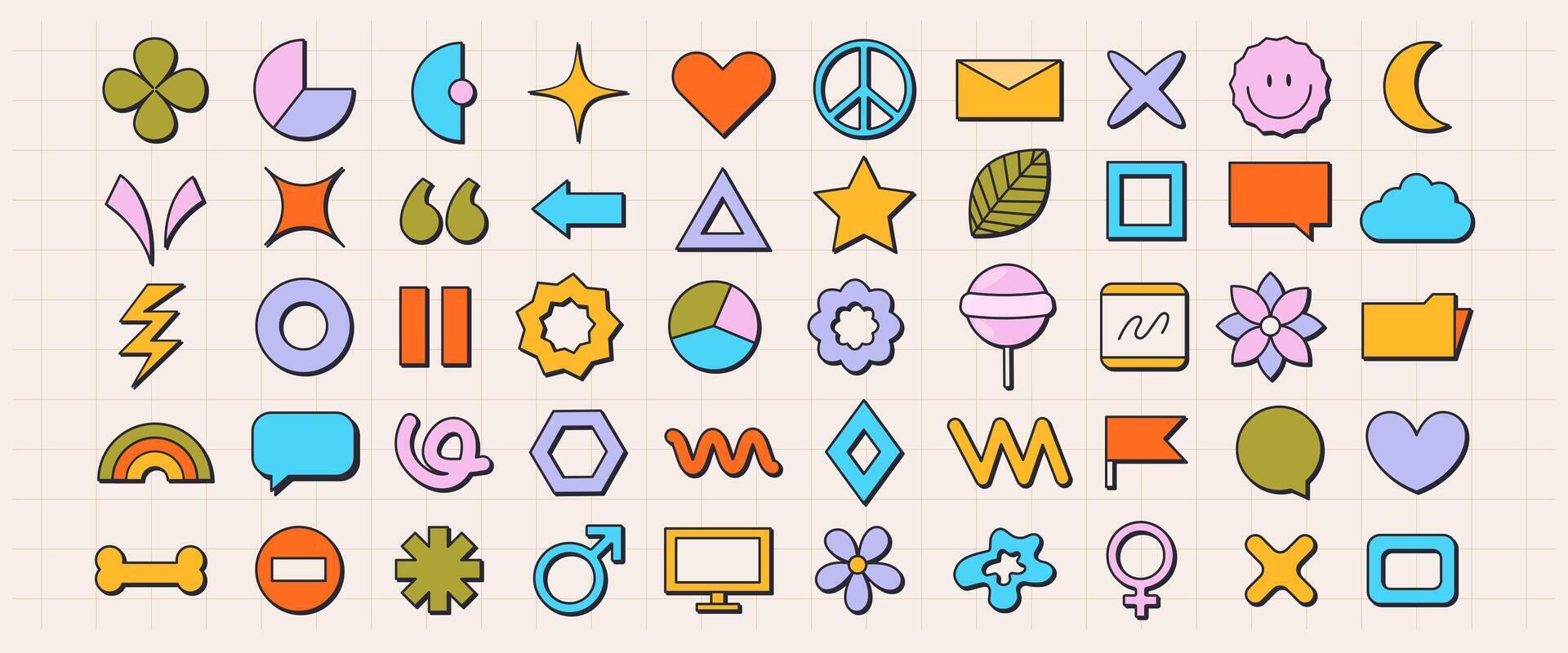 Abstract shapes and stickers in old retro style. 80s and 90s modern nostalgia vibe. Colorful badges and labels for posters, flyers. Funny flat cartoon elements. vector