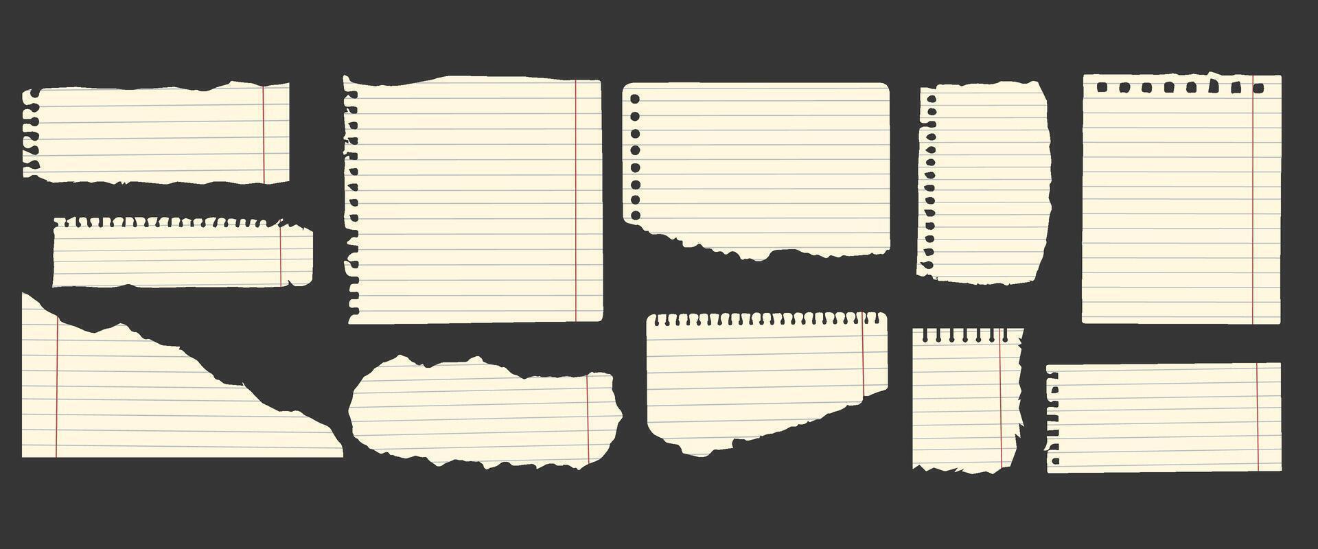Set of torn paper sheet in retro style for scrapbooking. Notebook ripped paper scraps. Torn paper edges clipart. vector