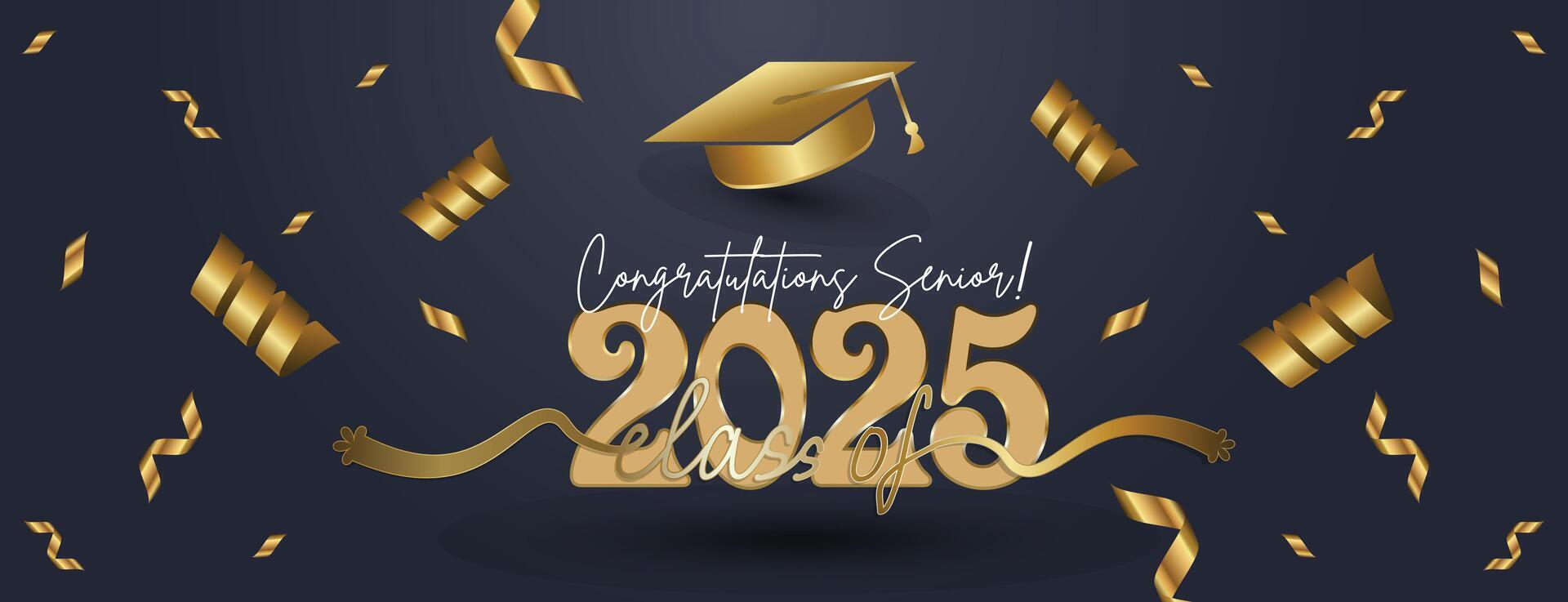 Class of 2025 gold celebration banner with confetti and modern typography, ideal for graduation events, parties, announcements, and congratulatory designs vector