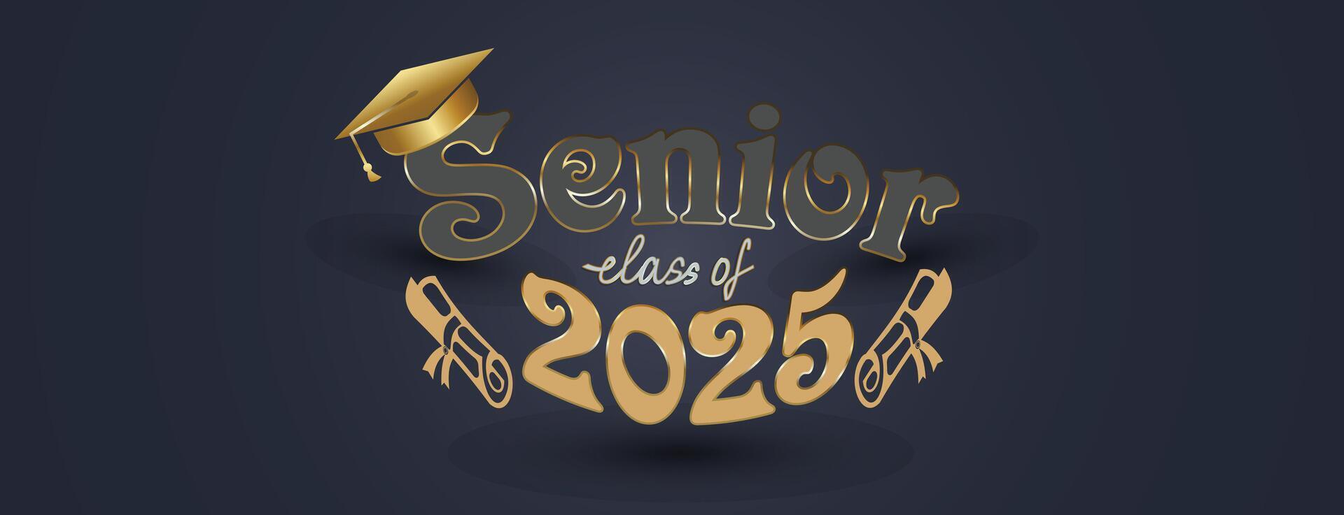 senior class of 2025 design with gold typography, graduation cap, floral accents, and a dark background for luxury-themed celebrations vector