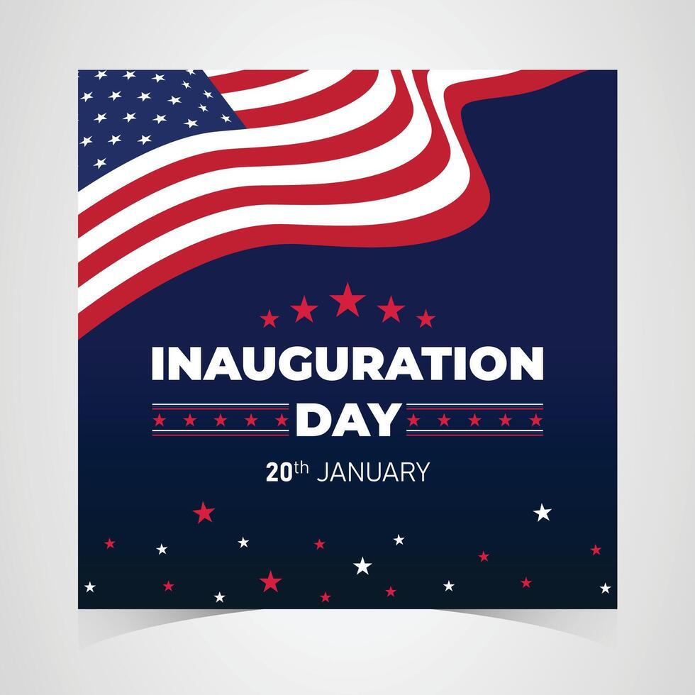 Inauguration Day patriotic poster design with red and white American flag waves, 20th January date, stars background, and bold blue text for government event vector