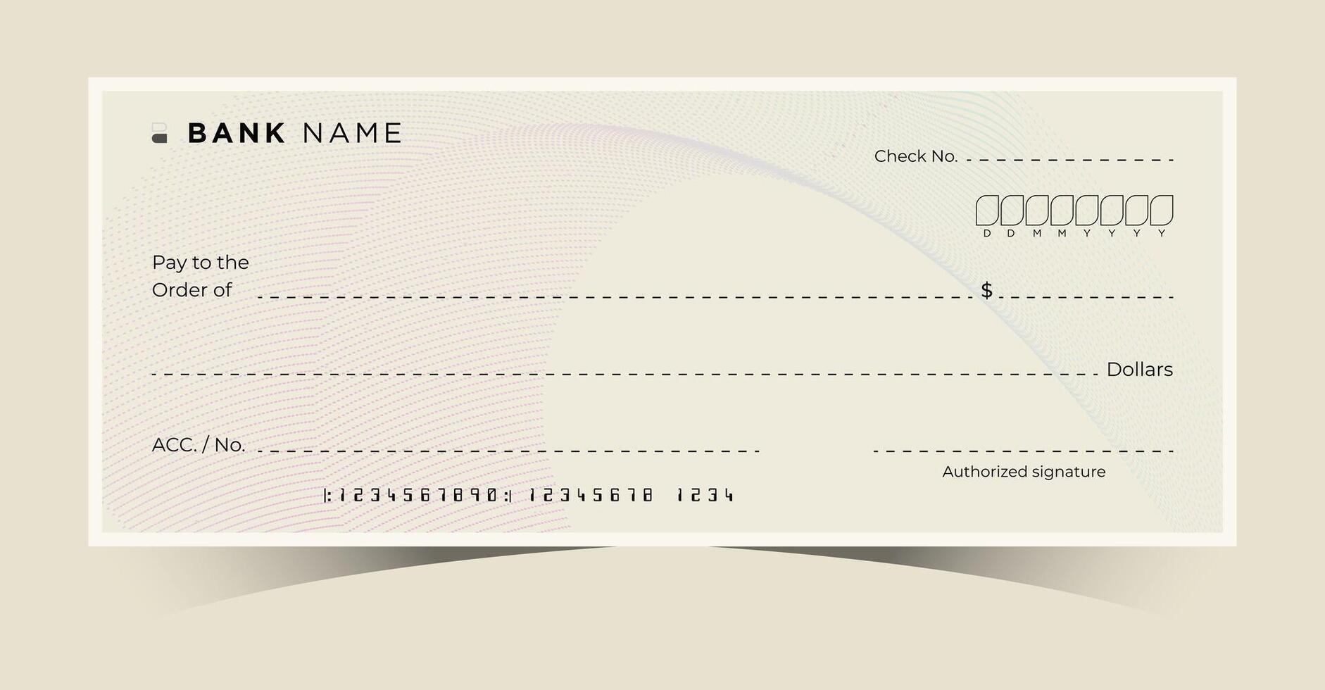 blank bank cheque template with beige design, empty check ready for customization, isolated on white background, financial document concept vector