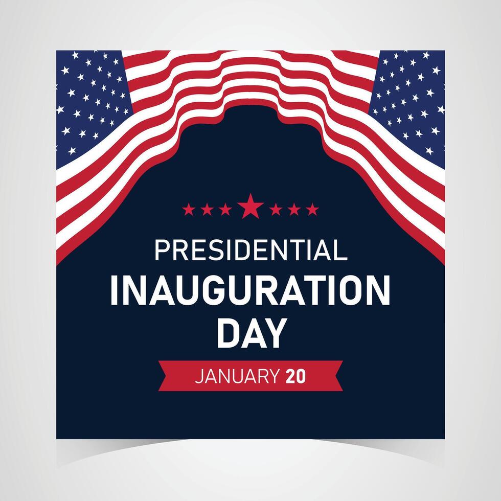 Presidential Inauguration Day celebration banner with American flag waving, January 20 date, and patriotic stars background in blue and red colors vector