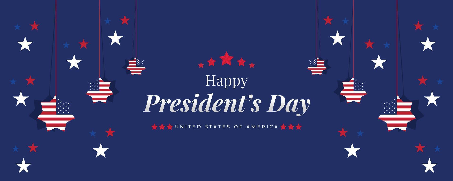President's Day horizontal banner featuring hanging patriotic ornaments, stars, and decorative elements on a dark blue background for national holidays vector