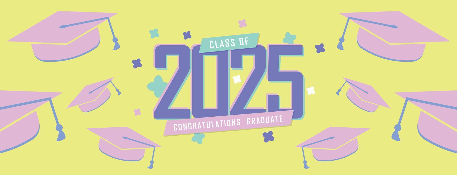 class of 2025 design with pastel yellow and purple graduation caps, decorative confetti, and a vibrant theme for celebrations vector