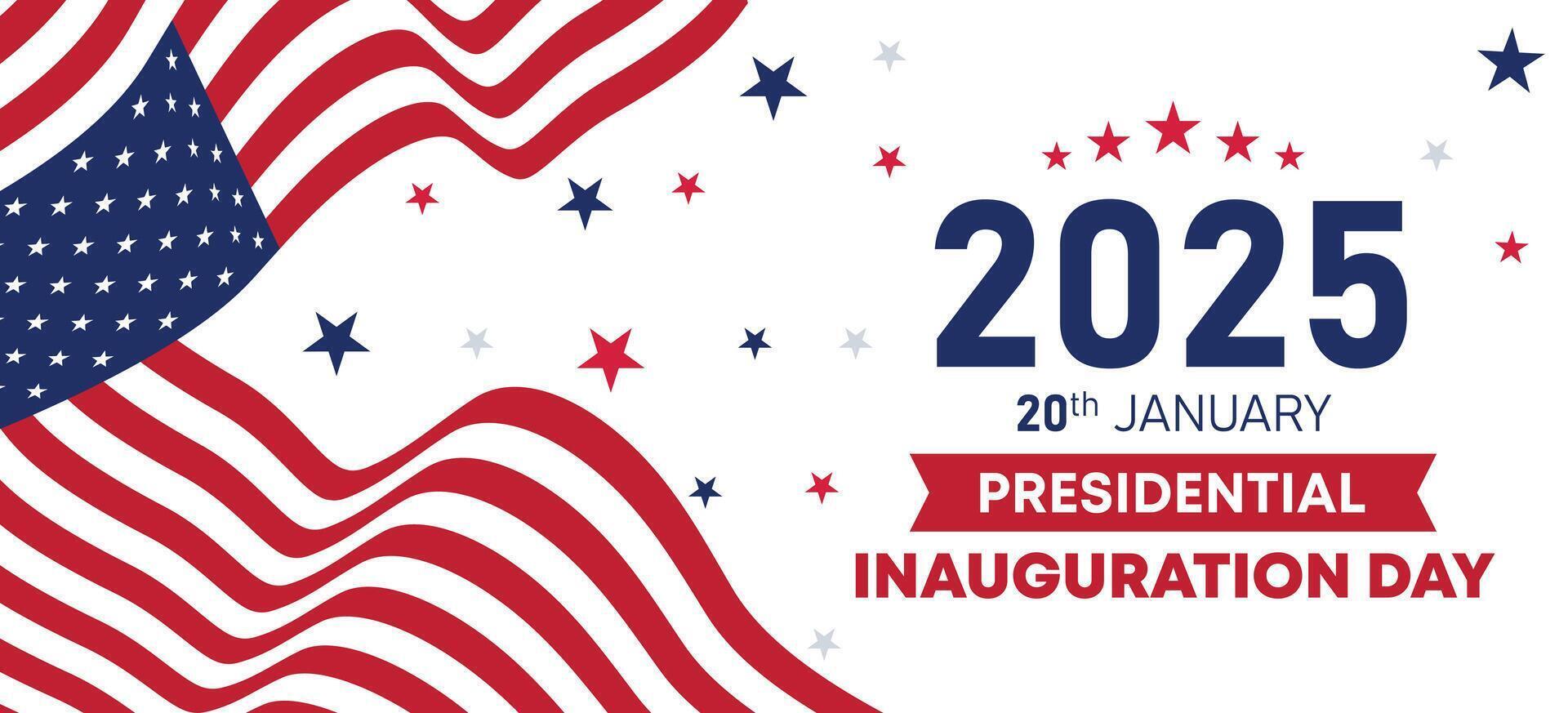 2025 Presidential Inauguration Day celebration banner with waving American flag, January 20 date, patriotic stars design, and bold red text in blue background vector