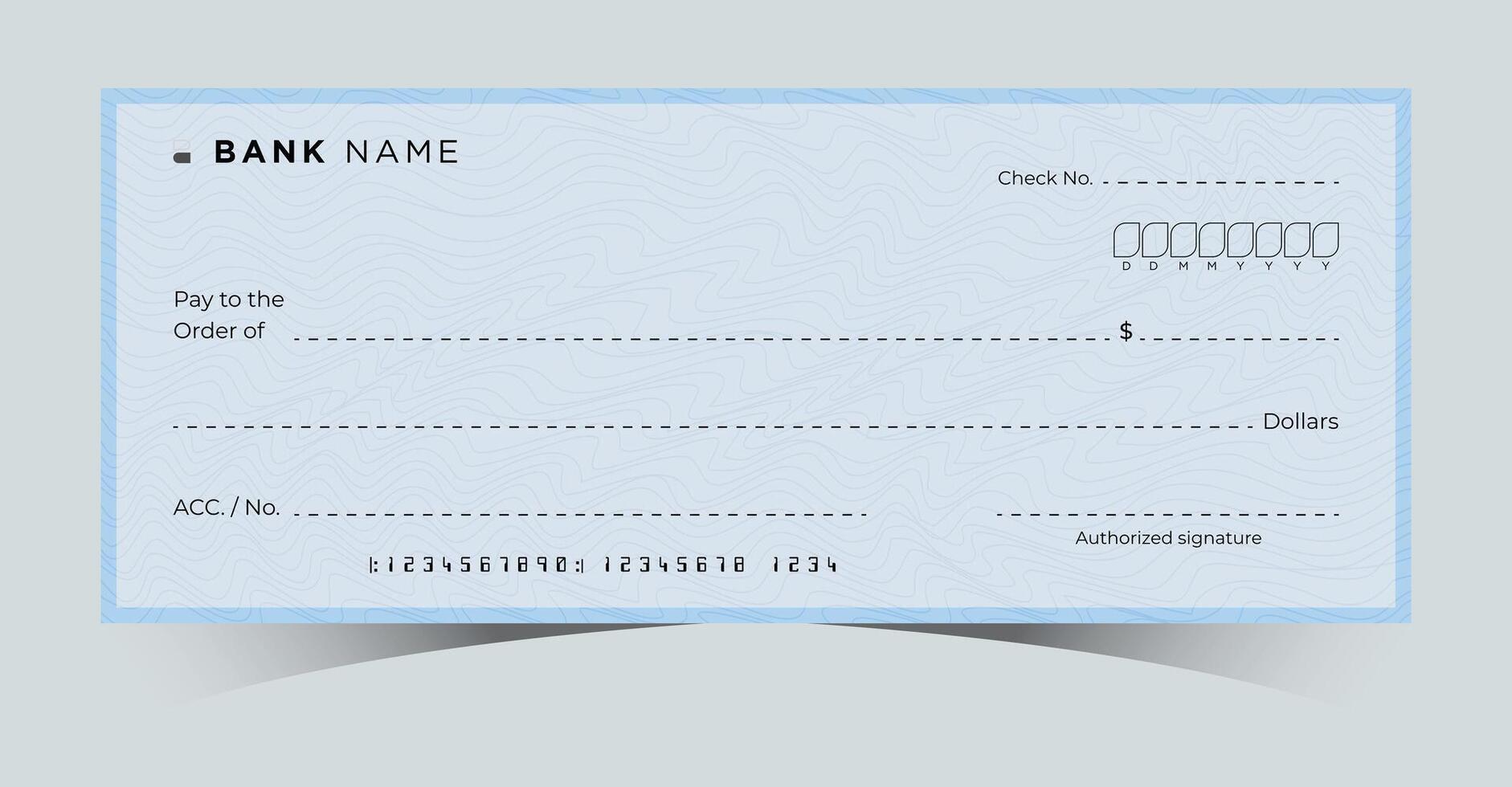 blank bank cheque template with blue design, empty check ready for customization, isolated on white background, financial document concept vector