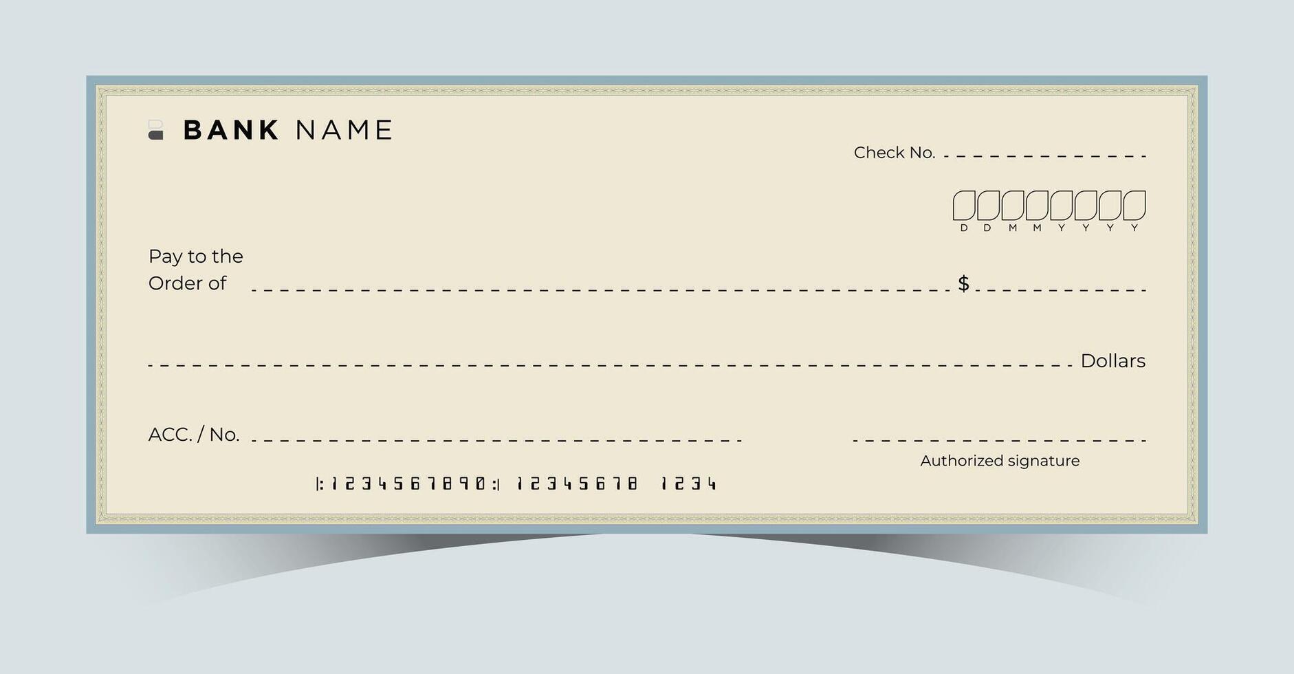 blank bank cheque template with blue and beige design, empty check ready for customization, isolated on white background, financial document concept vector