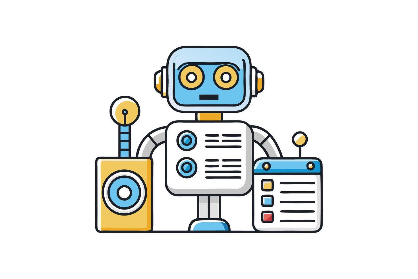 Flat illustration of a friendly AI assistant robot with digital interface elements and connected gadgets, representing futuristic technology vector