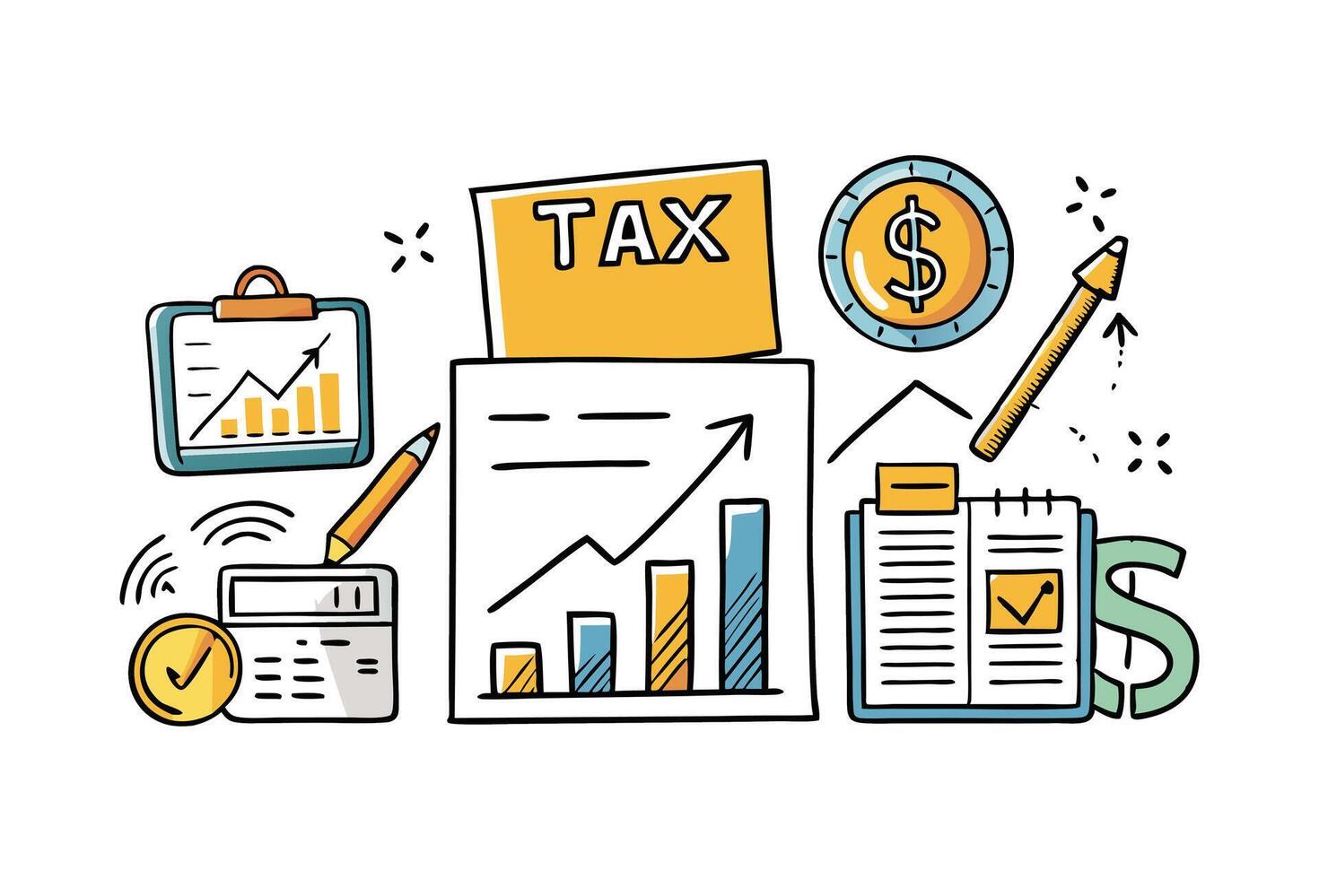 Colorful hand drawn tax and finance doodles including money, calculator, growth charts, and tax related icons for financial concepts vector