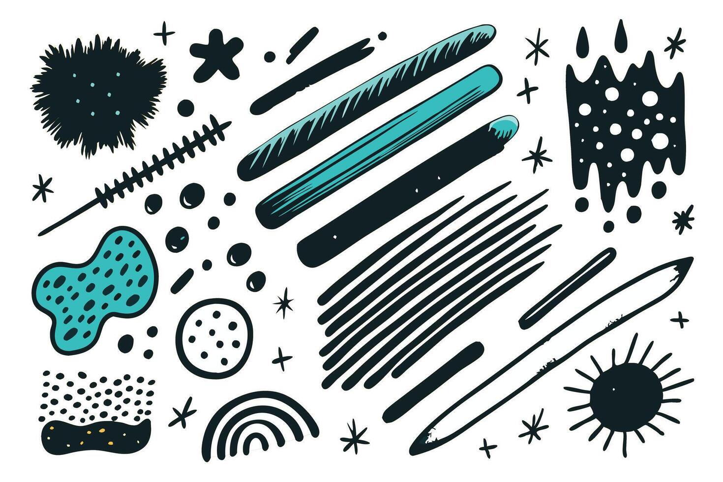 Creative collection of vibrant doodle like artistic strokes, dots, and textured elements for modern abstract designs vector