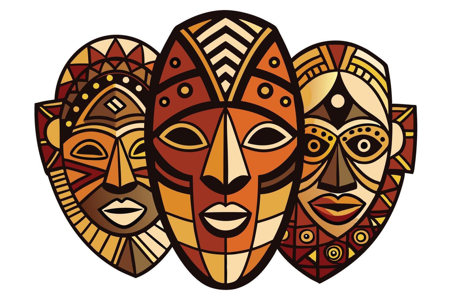 African tribal masks with geometric patterns and earthy tones symbolizing culture, identity, and history for Black History Month vector