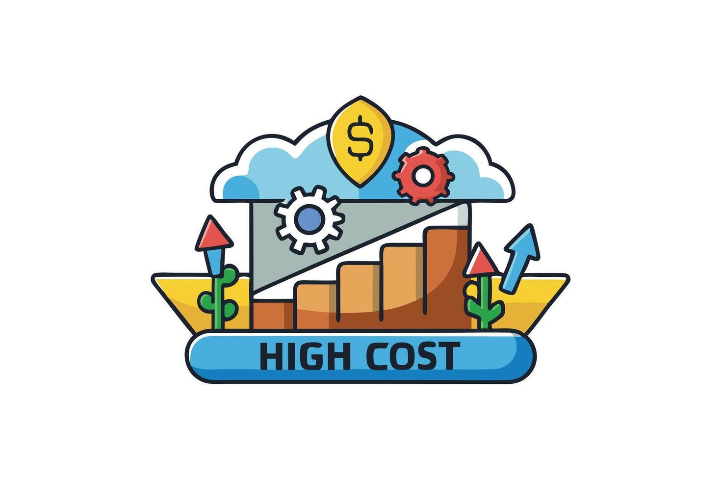 Creative high cost icon with economic growth, expense arrows, and dollar symbol, ideal for business, finance, and economic concepts vector