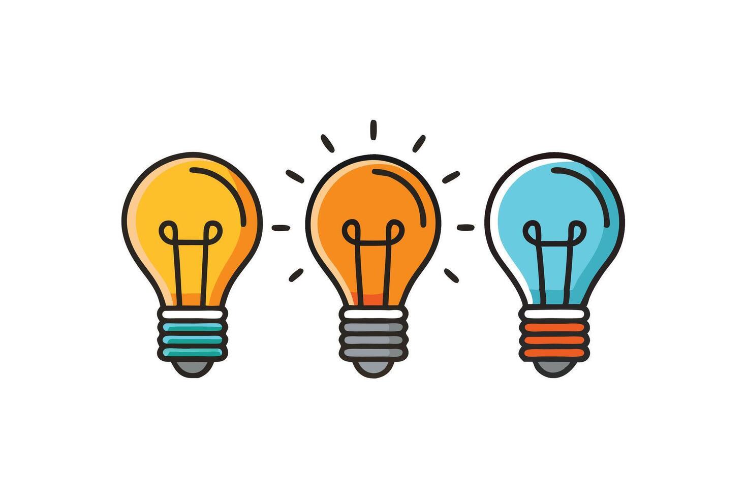 Minimalist illustration of three vibrant light bulbs radiating inspiration and energy, suitable for educational or creative concepts vector