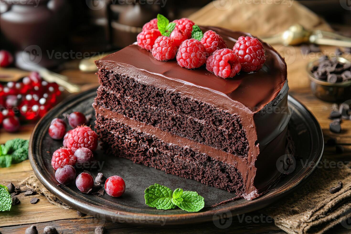 A piece of chocolate cake with raspberries and mint photo