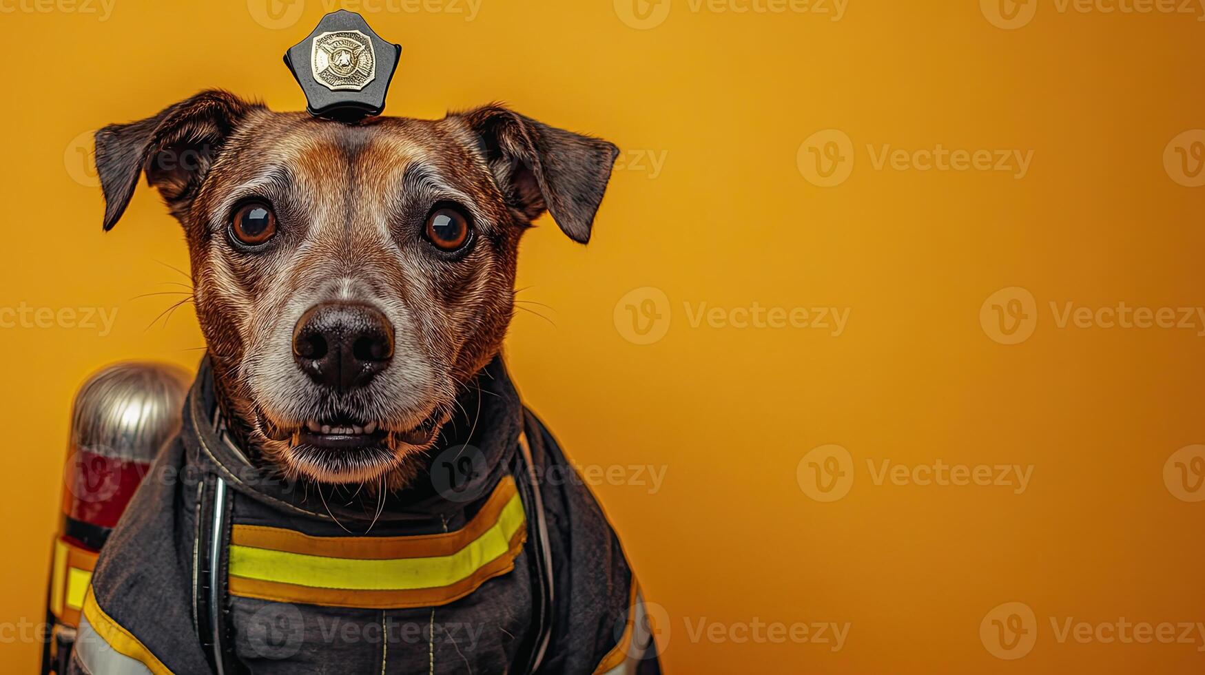 A dog wearing a fireman's hat and a fire hose photo