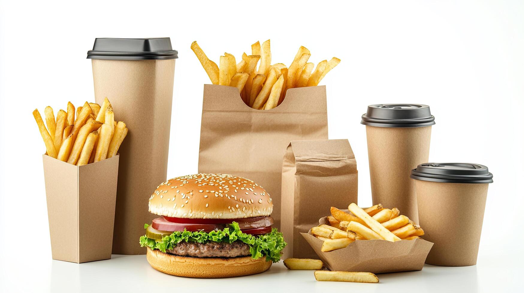 A hamburger, french fries and coffee cups are arranged in paper bags photo