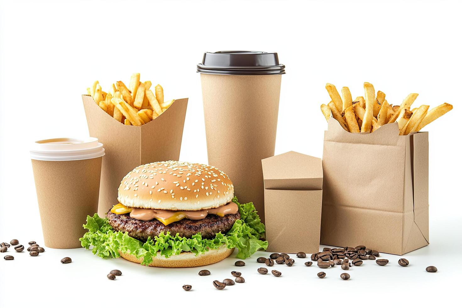 A hamburger, fries and coffee cups are arranged on a white surface photo