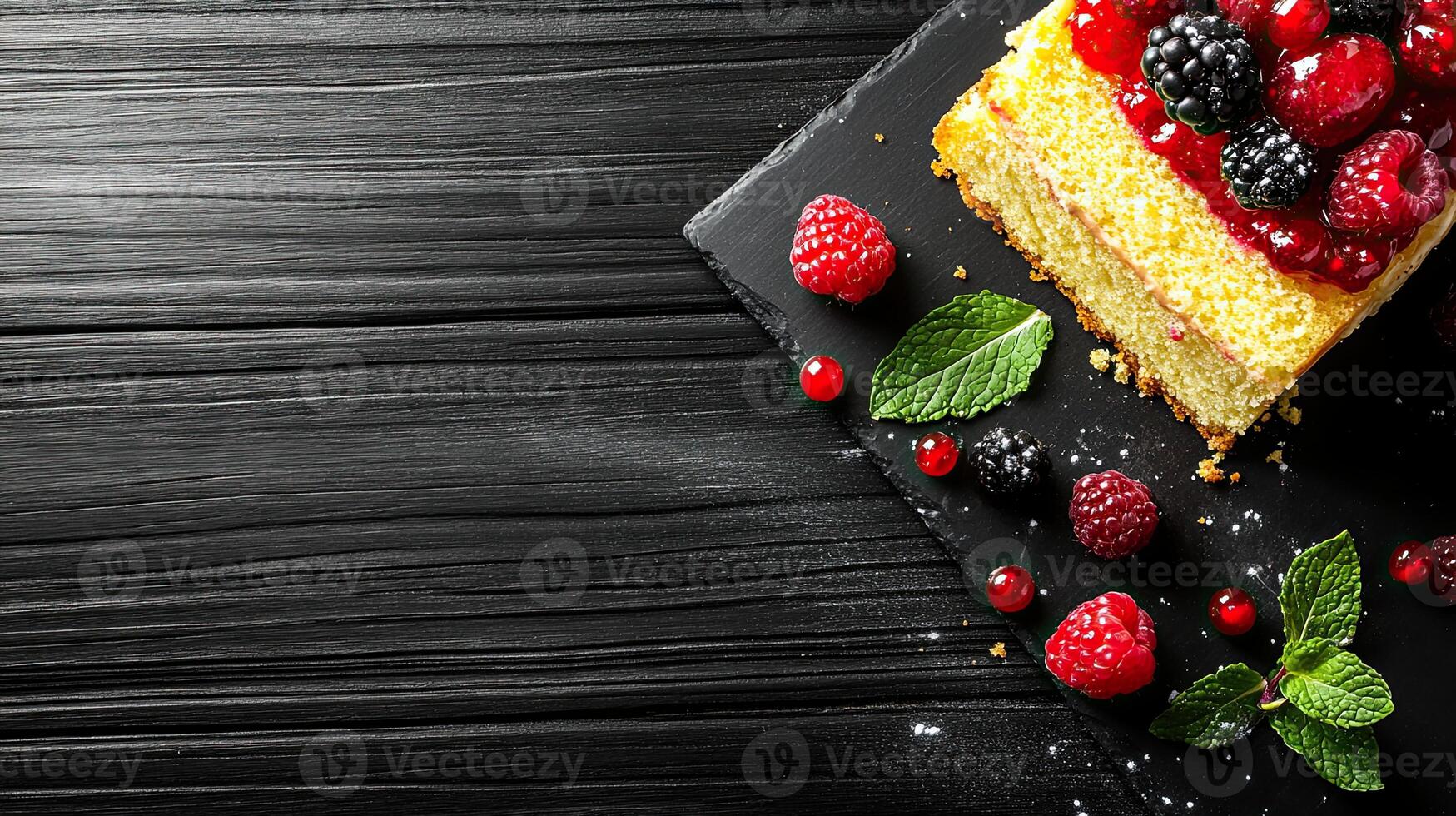 A piece of cake with berries on top of a black board photo