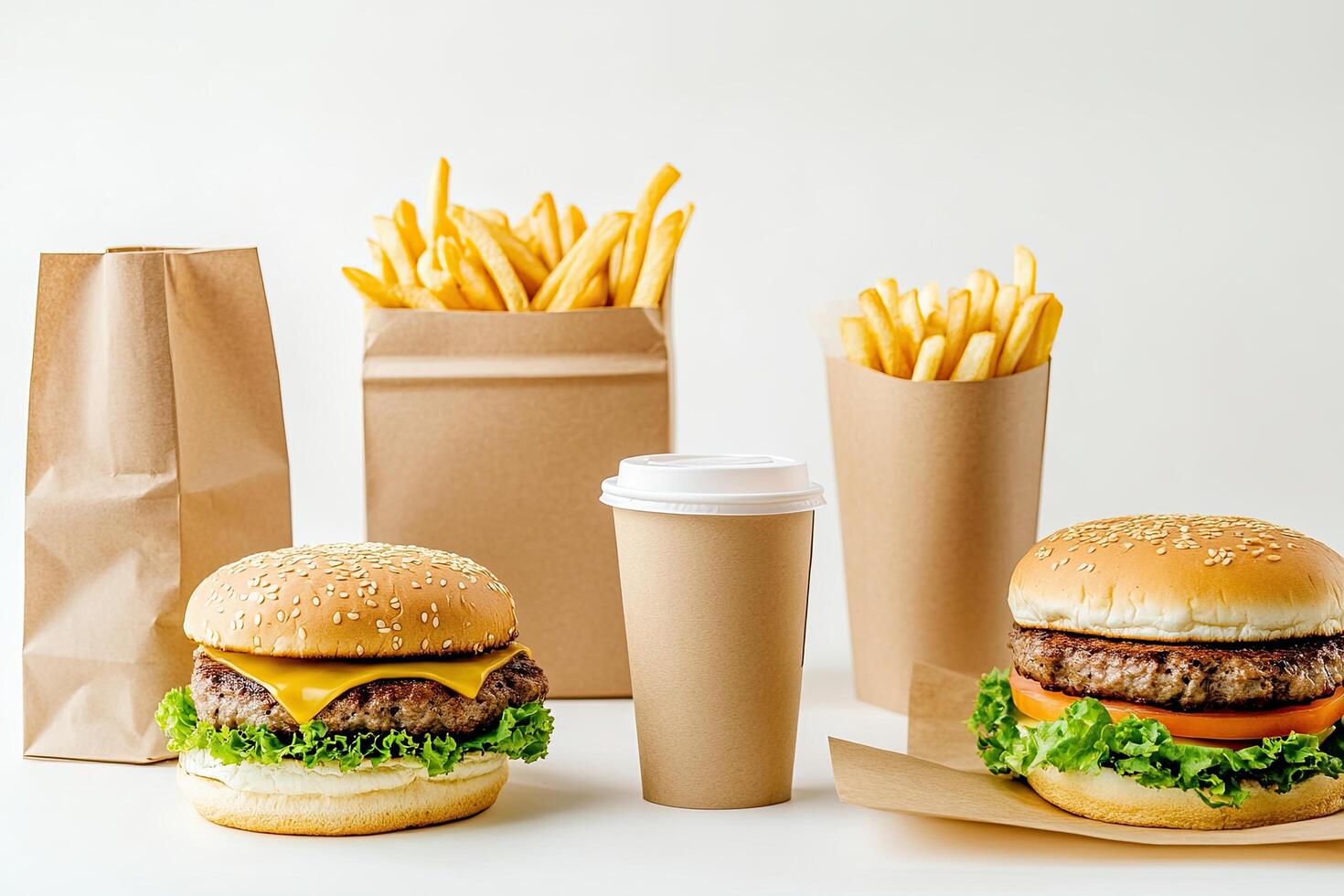 A hamburger, french fries and a cup of coffee are shown photo