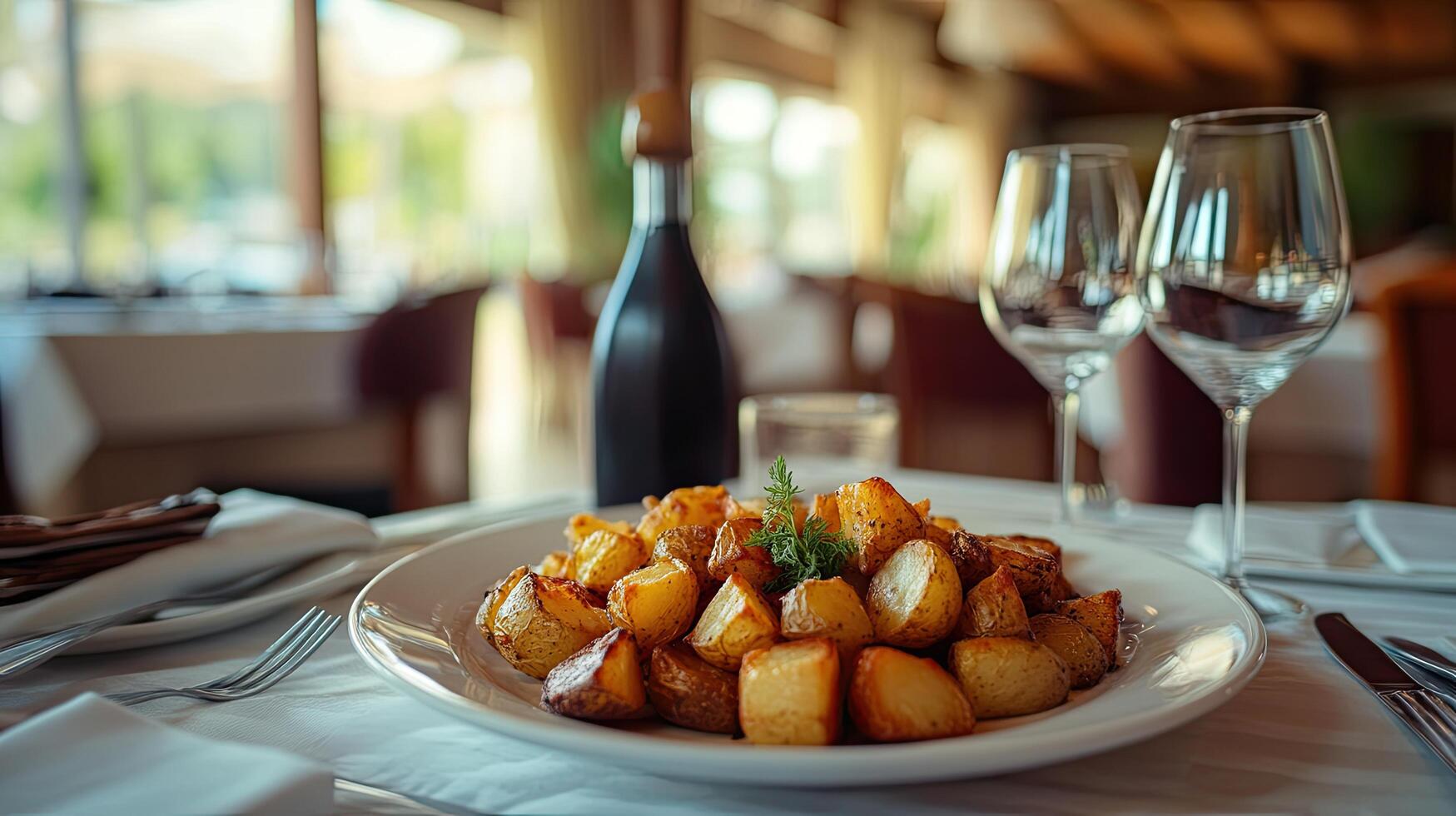 A plate of potatoes with a wine glass on a table photo