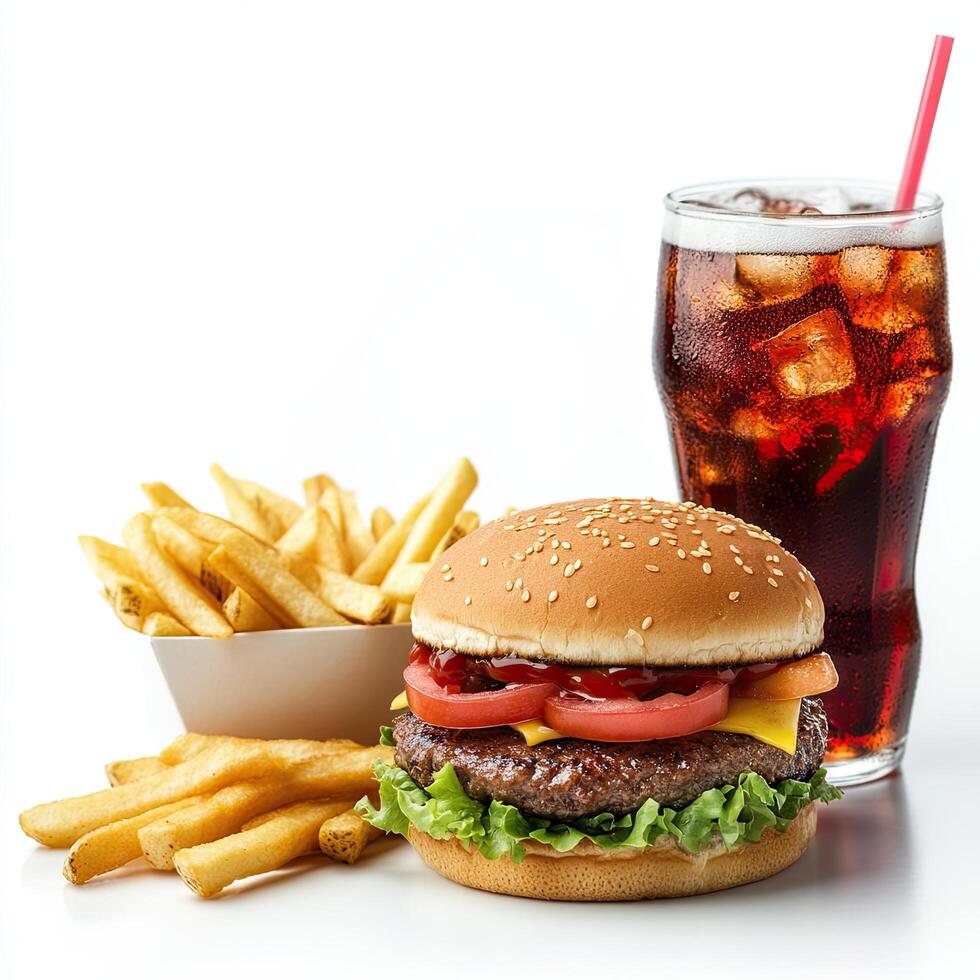 A hamburger and fries with a soda on a white background photo