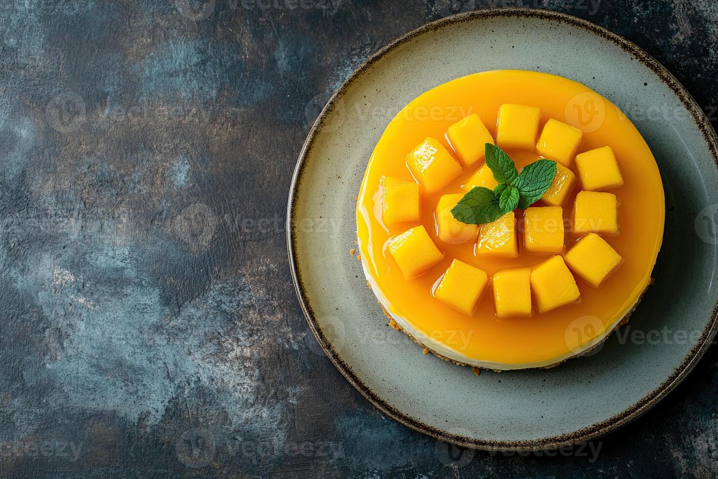 A plate with a mango cheesecake on it photo