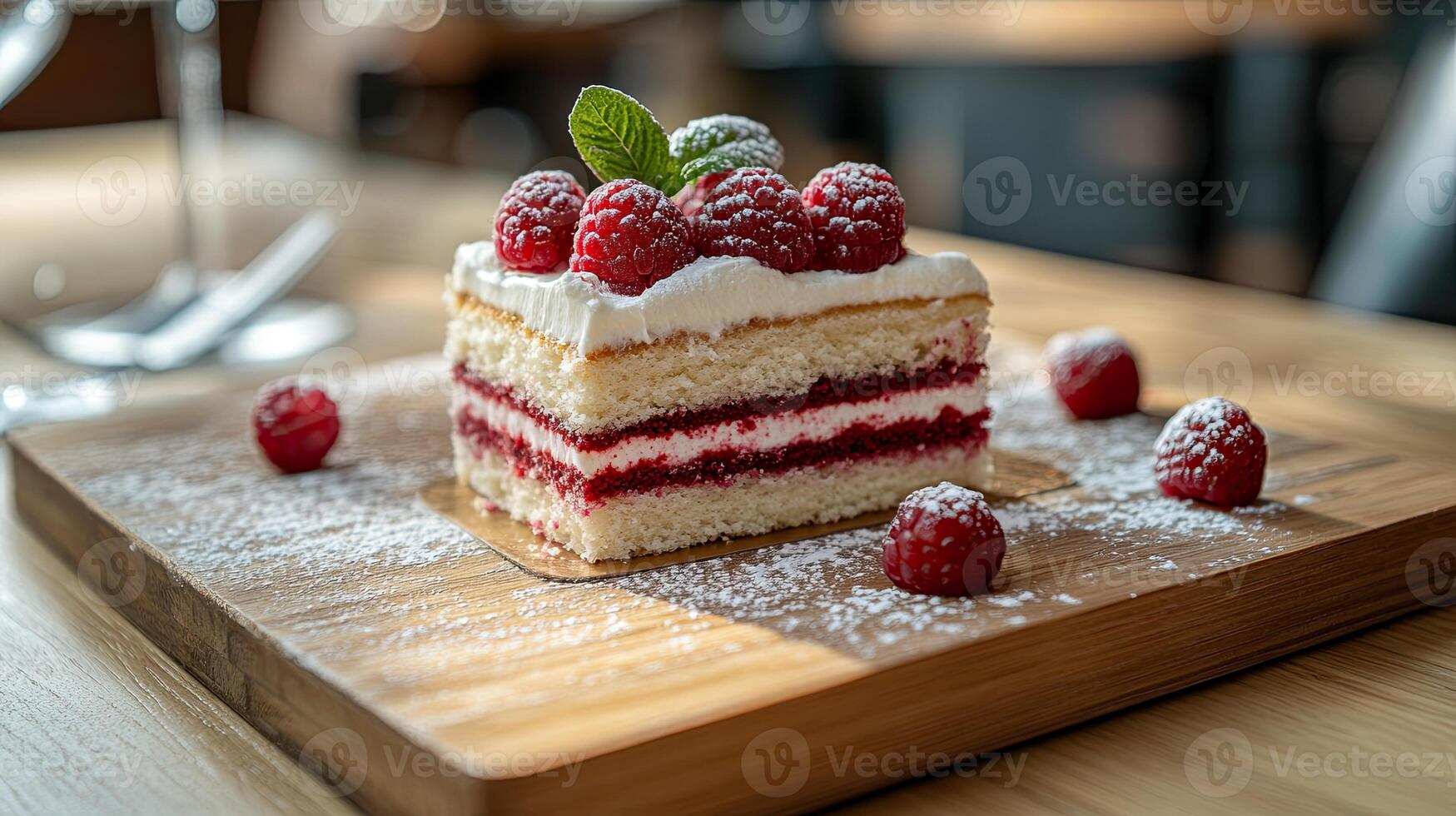A piece of cake with raspberries on top photo