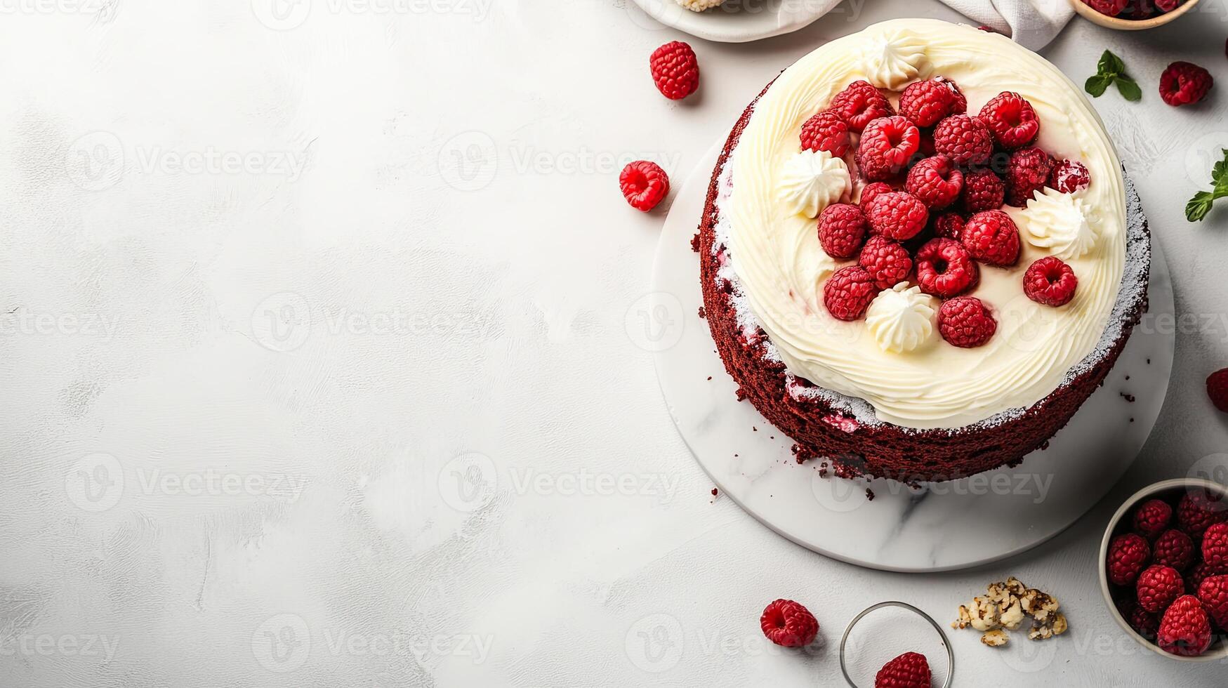 A red velvet cake with cream frosting and raspberries photo