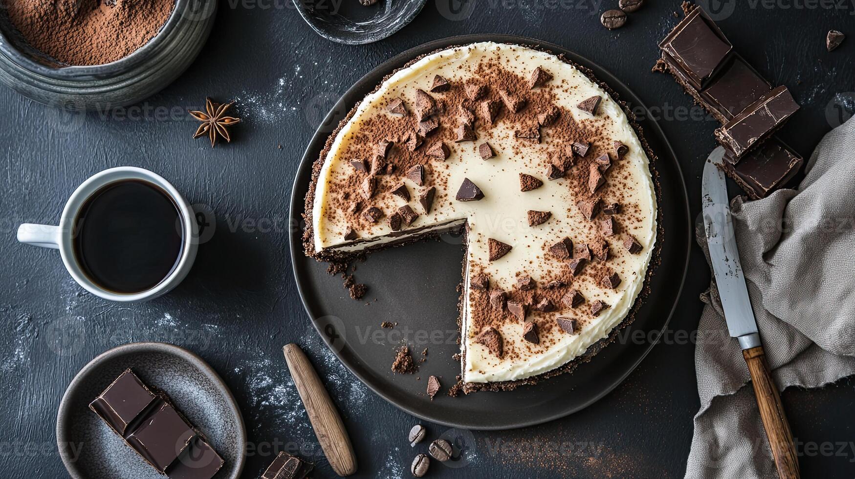 A chocolate cake with a slice missing on a plate photo
