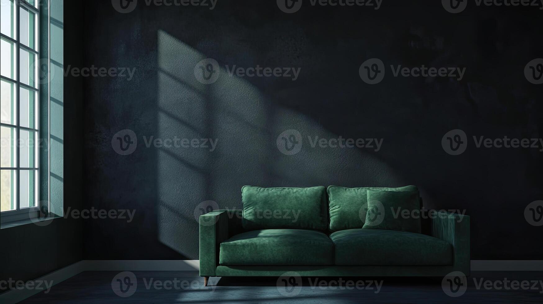 A green couch in front of a window photo