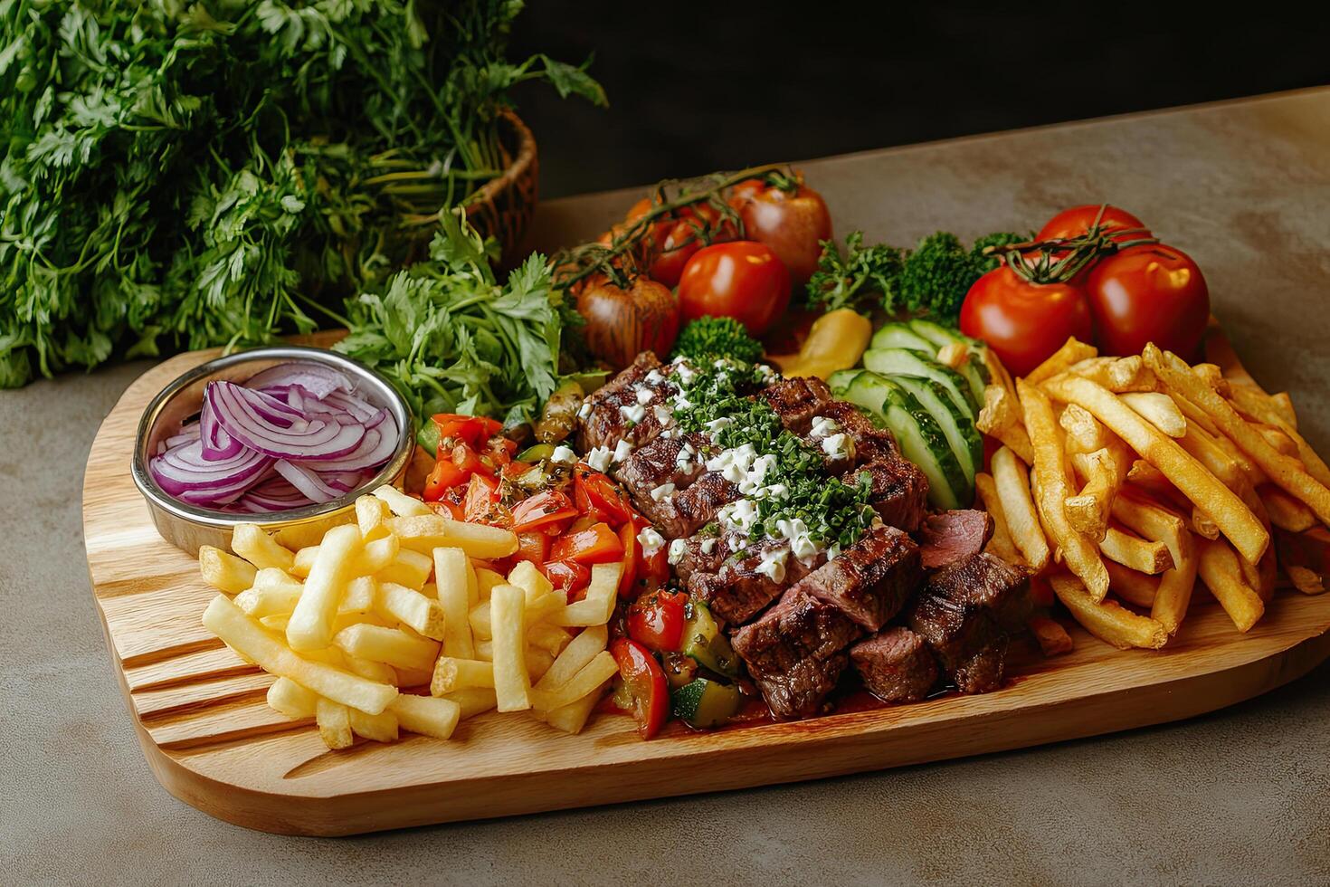 A wooden tray with a steak, french fries, and vegetables photo